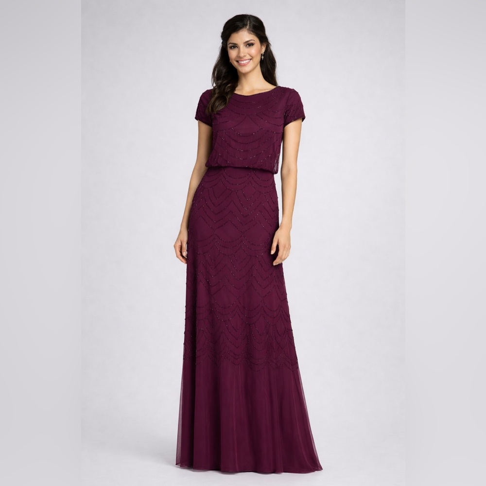Adrianna Papell Beaded Blouson Gown Burgundy Size 0 with Tags Art Deco Evening